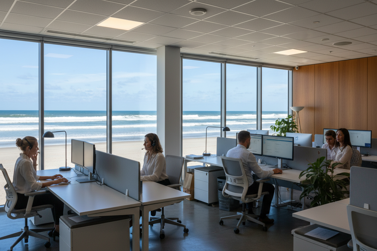 tinted office windows looking out on a beach with staff in the office working on computers phone calls ect