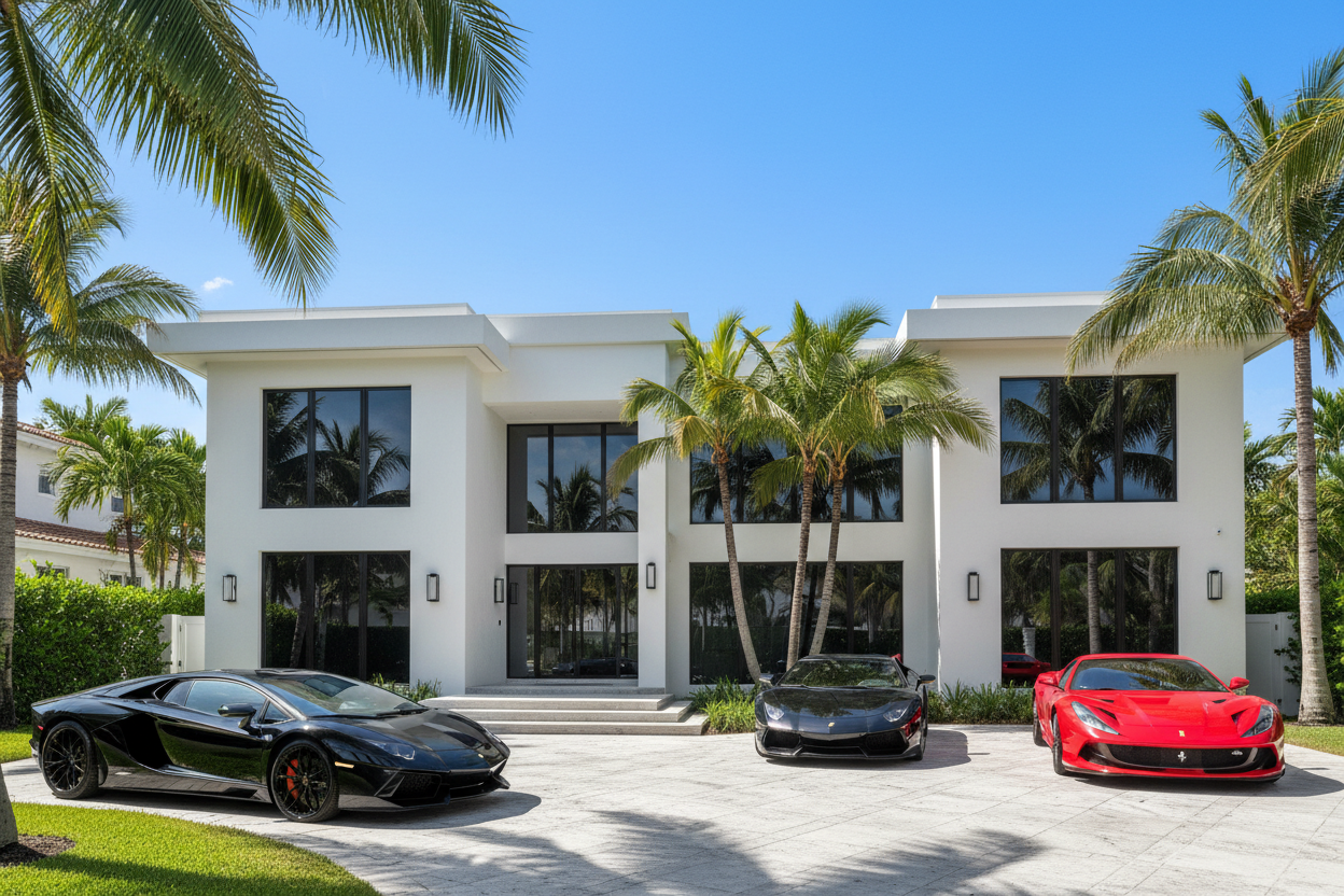 limo window film on large residential windows white house two story,  Miami style palm trees and exotic cars in driveway 